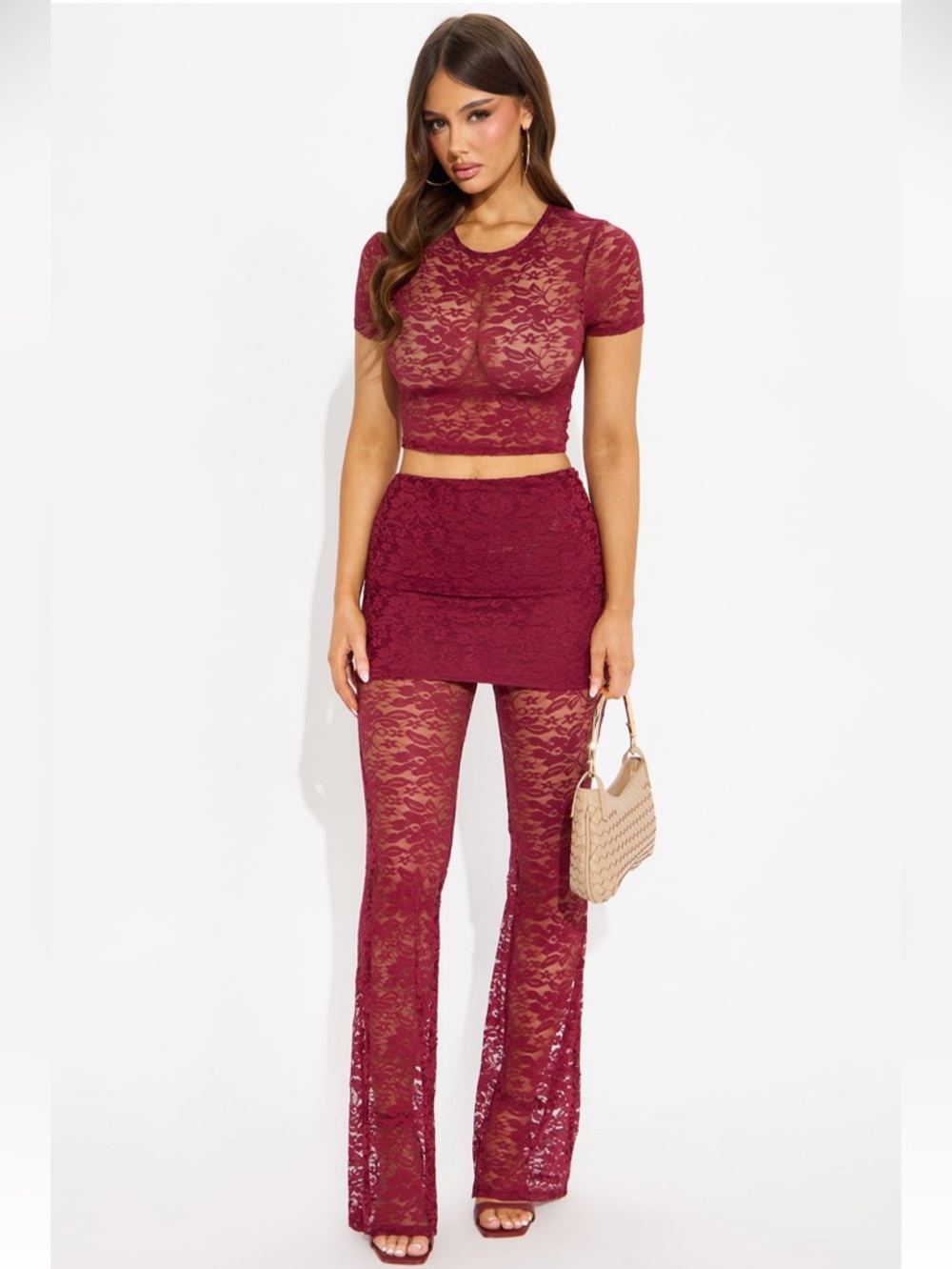 Dolls Two Piece Date Night Burgundy Lace Top & Flared Pants Set - Fashion Nova